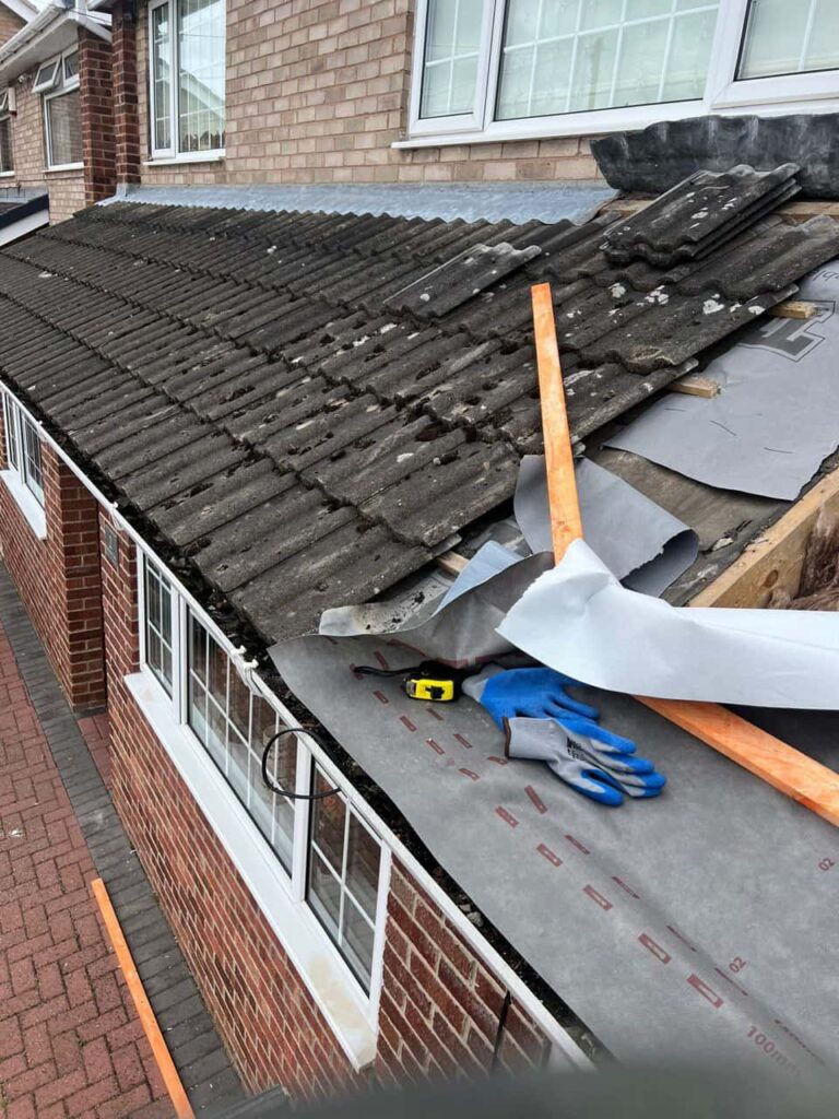 This is a photo of a pitched roof which is being repaired. The existing roof was leaking badly. Works carried out by LJ Roofing Malmesbury